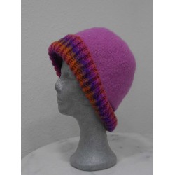 Strickfilz-Mütze pink, Rand pink-orange